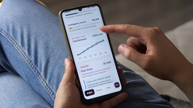 Homeowner reviews a renovation budget forecast on a smartphone, tracking labor, materials and contingency costs while optimizing spending to keep a living room remodel on target.