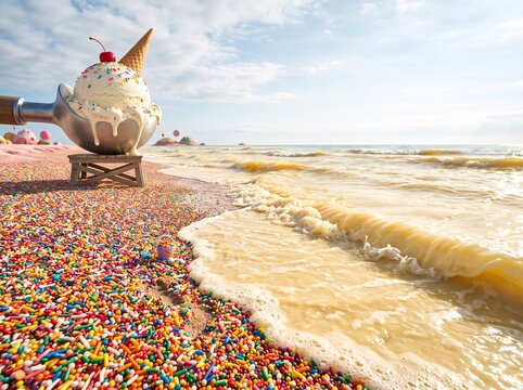 Surreal Sweet Fantasy Landscape Beach with Colorful Sprinkle Sand and Giant Ice Cream Scoop