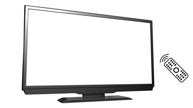 Modern flat screen TV with blank white display, sleek television monitor mockup, smart TV with remote control icon on white background