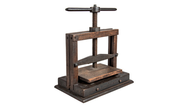 Vintage traditional wooden mechanical press printing bookbinding machinery isolated on white background
