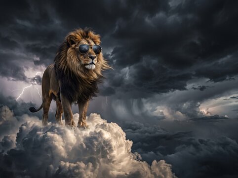 A majestic lion in cool sunglasses stands on a cloud, overlooking a dramatic lightning storm, embodying serene strength and powerful confidence