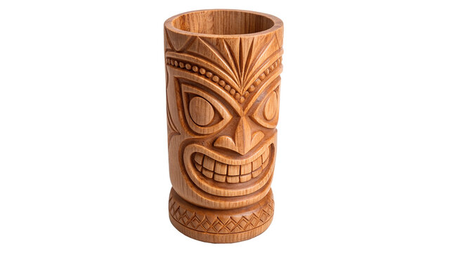 Traditional wooden carved tiki totem cup isolated on transparent background.