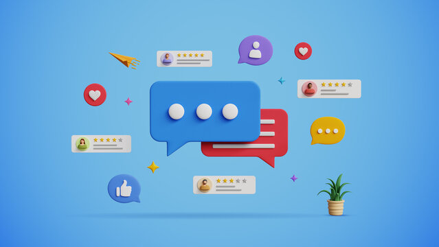 3D Digital Feedback Icon with Random User Ratings and Popups on Blue Background. Survey and Customer Feedback System Concept. User Experience and Review, Customer Satisfaction and Trust