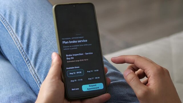 Driver reviews predictive vehicle maintenance on a smartphone, schedules a brake inspection and confirms service as connected mobility makes preventive car care more proactive.