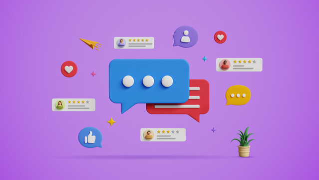 3D Customer Feedback with Random Rating Icons on Purple Background. Customer Service Satisfaction, Open Customer Opinion for Product and Services, 5 Star Rating, Experience Review, Evaluation Concept