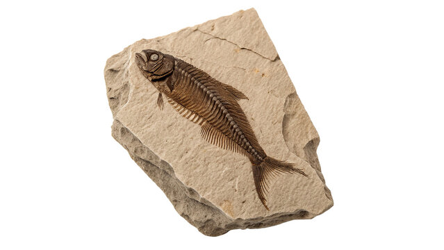 Ancient petrified fish skeleton fossil specimen archaeology paleontology isolated on white background