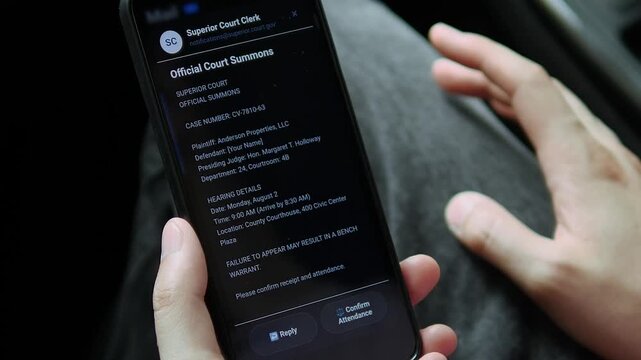Person reads a digital court summons on a smartphone, reflecting the rise of electronic legal notices, remote case management and urgent compliance with judicial procedures.