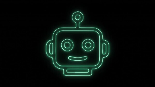 Neon robot head icon flickering light animation isolated on dark background digital symbol.