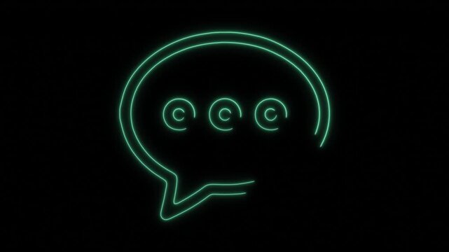 Neon speech bubble with three dots loading animation on black background seamless loop.