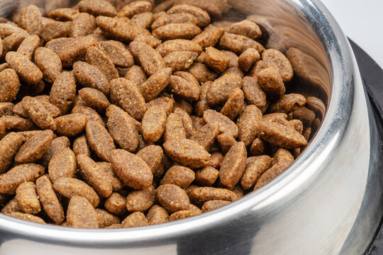 Close up of dry dog food kibbles inside metal bowl isolated on white background.