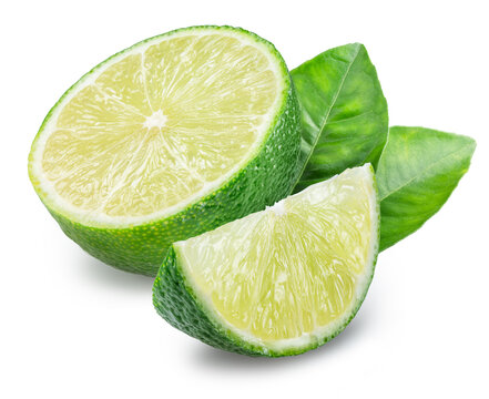 Cut half of a green lime fruit with lime slice and leaves isolated on a white background. Clipping Path.