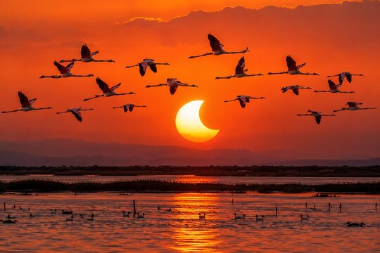 A flock of birds flying across a partial solar eclipse during a vibrant orange sunset over a calm lake with beautiful water reflections