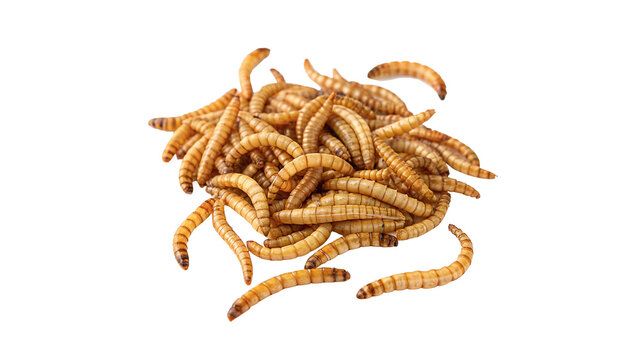 Heap of dried mealworms bird food isolated on transparent background.