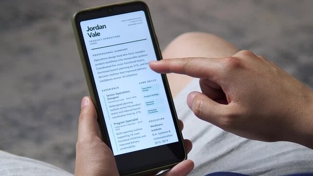 Close-up of a person scrolling a resume on a smartphone, capturing the momentum of mobile hiring, digital careers and modern job search habits in a fast-moving employment market.