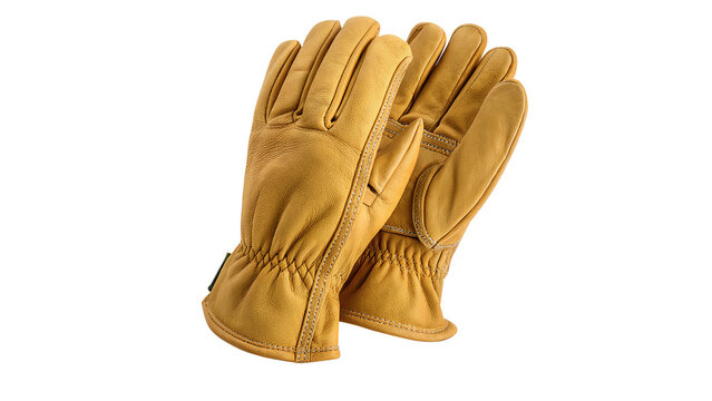 Pair of heavy duty yellow leather work gloves isolated on transparent background.