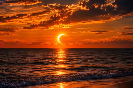 A breathtaking partial solar eclipse occurring over the ocean horizon during a vibrant golden hour sunset with dramatic orange clouds and reflective water surface