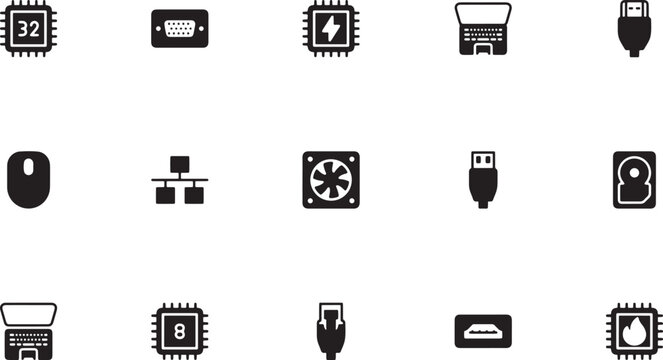 PC Components and Connectors icon. Black silhouette set showing a vga port, 32-bit cpu processor, ram memory, network hierarchy, cooling fan, and usb interface