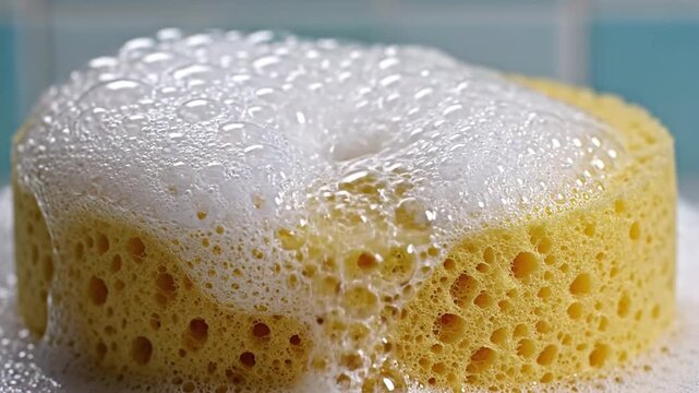 Detailed slow motion shot of clear water rinsing white soap foam from a yellow sponge, with bubbles bursting and flowing down, symbolizing cleanliness, dishwashing, and household cleaning tasks