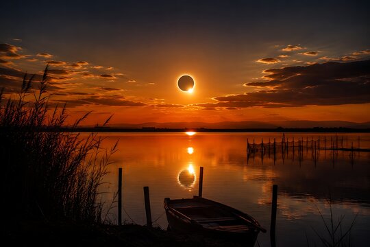 A stunning total solar eclipse occurring over a calm lake at sunset with a small wooden boat moored near the peaceful shore line