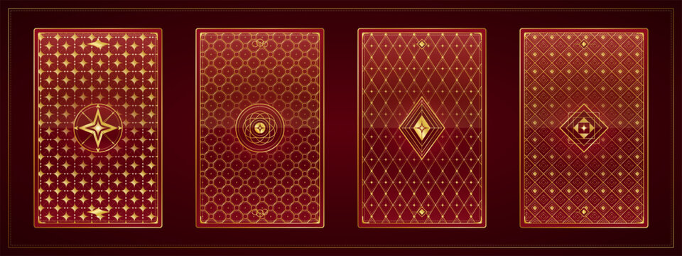 Luxury vintage ornamental pattern card back collection with geometric decorative designs, elegant gold line art, rich burgundy background, and symmetrical playing card layouts