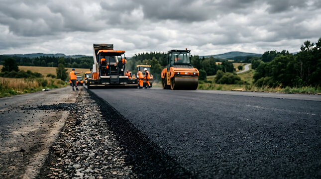 Heavy machinery paving a new asphalt road surface.