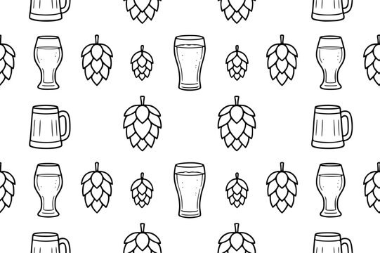 Repeating pattern featuring simple line art of beer glasses and hop cones, perfect for brewery or pub themes
