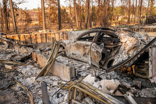 View of a burnt-out car frame and charred debris in a forest area affected by wildfires, with scorched trees and ash-covered ground in Spokane, Washington, United States.