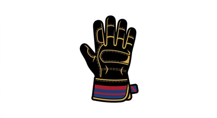 Fototapeta premium Work glove features a robust design with black leather-like texture, gold accents, and a striped cuff in red and blue, symbolizing protection and manual labor.