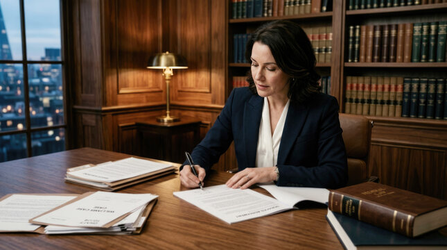 Professional female lawyer signing legal contract at desk in law library
