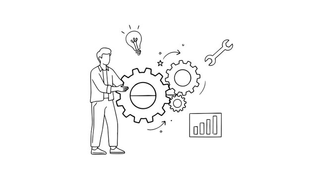 Minimalist line art businessman managing gears, mechanical process and innovation concept, professional workflow optimization
