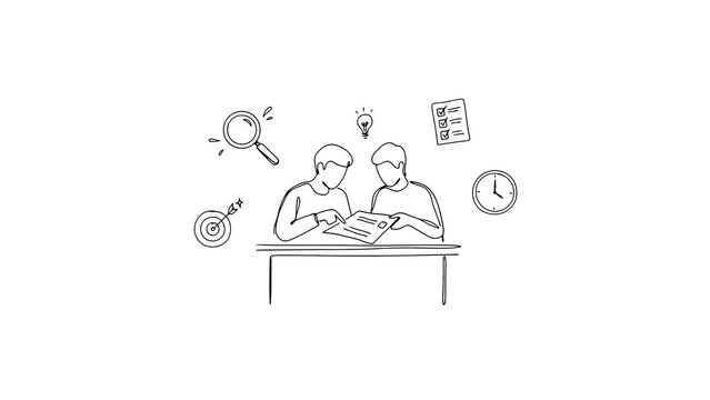 Minimalist line art business collaboration, professional team brainstorming session, creative project planning sketch on white background
