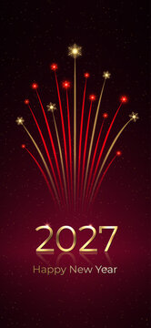 Happy New Year 2027, 27. Shiny red and gold fireworks with 2027. New Year design for phone wallpaper, greeting card, invitation. Snowflake, shiny gold logo. Vector illustration