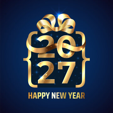 2027, 27 Happy New Year. Shiny golden 2027 in shape of gift box with ribbon, bow on dark background. Greeting card. Creative new year design for invitation, calendar, greeting card. Vector