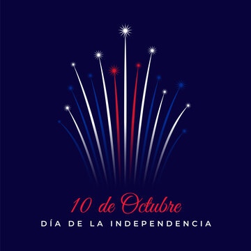 October 10th, independence day cuba, cuban abstract flag fireworks on blue night sky background. Cuba national holiday. Greeting card. Vector. Translation: October 10th Independence Day