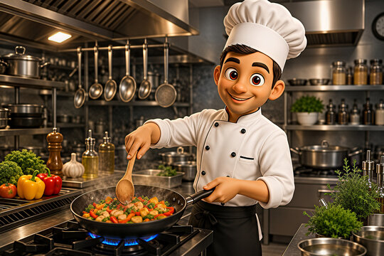 3D Cartoon Chef Stir-Frying Colorful Vegetables in Pan