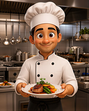 3D Cartoon Chef Holding Plate with Steak and Vegetables