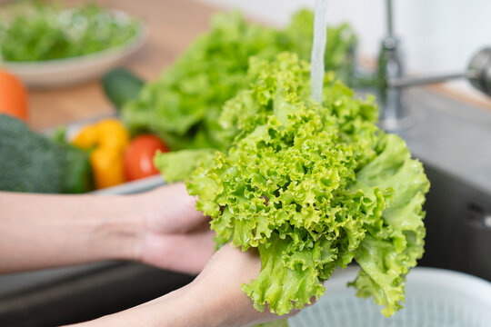 people washing raw vegetables at sink in the kitchen prepare ingredient for cooking