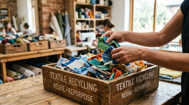 Hands selecting colorful fabric scraps from a textile recycling box for reuse and repurpose in a craft workshop