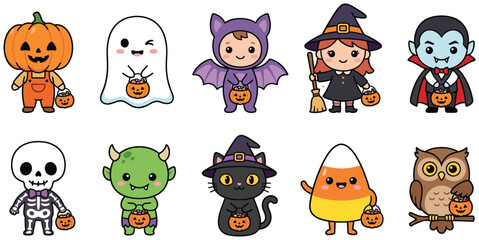 Obraz premium Halloween Chibi Character Sticker Set, Cute Cartoon Pumpkin, Ghost, Witch, Vampire, Skeleton, Monster, Cat, Candy Corn and Owl Vector Icon Illustrations