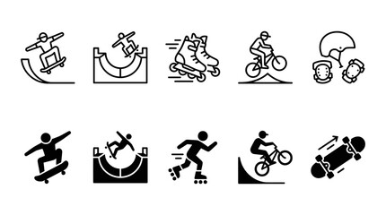 Naklejka premium Extreme sports and outdoor activities icons set featuring skateboarding roller skating and cycling skateboard activity