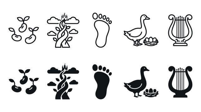 Fairytale and fable story icons set featuring magic beans beanstalk giant footprint goose and harp beanstalk footprint