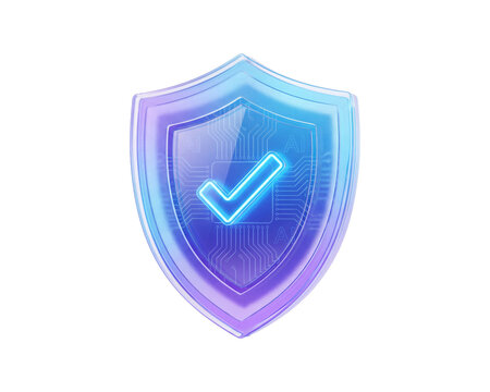 3D glowing AI cyber security shield with circuit board and neon checkmark on transparent background PNG