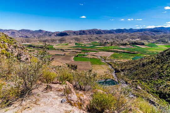 A view from a lookout into the Colca Canyon region in the Andes mountains of Peru in the dry season