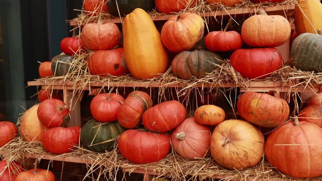 Abundance of various orange, yellow, and green pumpkins stacked on wooden shelves with straw. Rich autumn harvest display, Thanksgiving background, fall season market, and agricultural crop showcase.