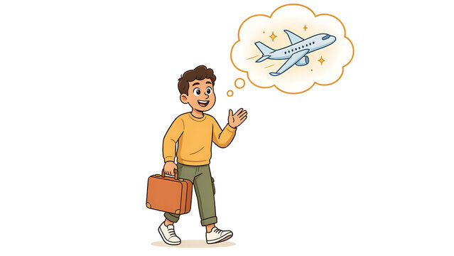 Happy man dreaming of flying airplane, traveler with suitcase thinking about holiday vacation and flight tour