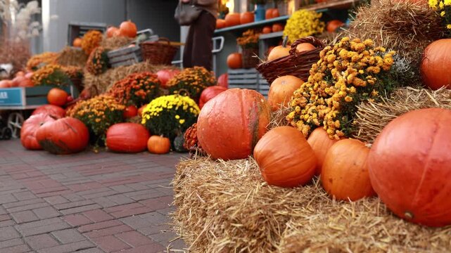 Abundance of ripe orange pumpkins and yellow flowers stacked on straw bales at a street market. Cozy autumn harvest fair decoration, rustic fall festive background, Thanksgiving and Halloween concept.
