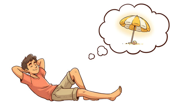 Happy man dreaming of a beach vacation, cartoon illustration of a relaxed boy lying down, fantasy concept of summer holiday travel rest