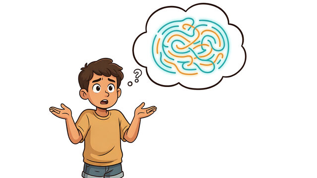 Confused Boy With Maze Thought Bubble Illustration, Vector Art of Teen Expressing Puzzlement, Doodle Style Character Facing Brain Teaser Dilemma, Concept of Mental Confusion