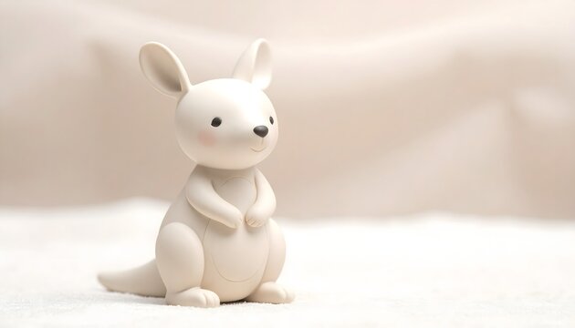 Figura decorativa de peque&ntilde;o canguro blanco sobre fondo beige suave en composici&oacute;n minimalista y luminosa