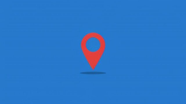 Red map pin growing and appearing on blue background with black stripes cinematic motion